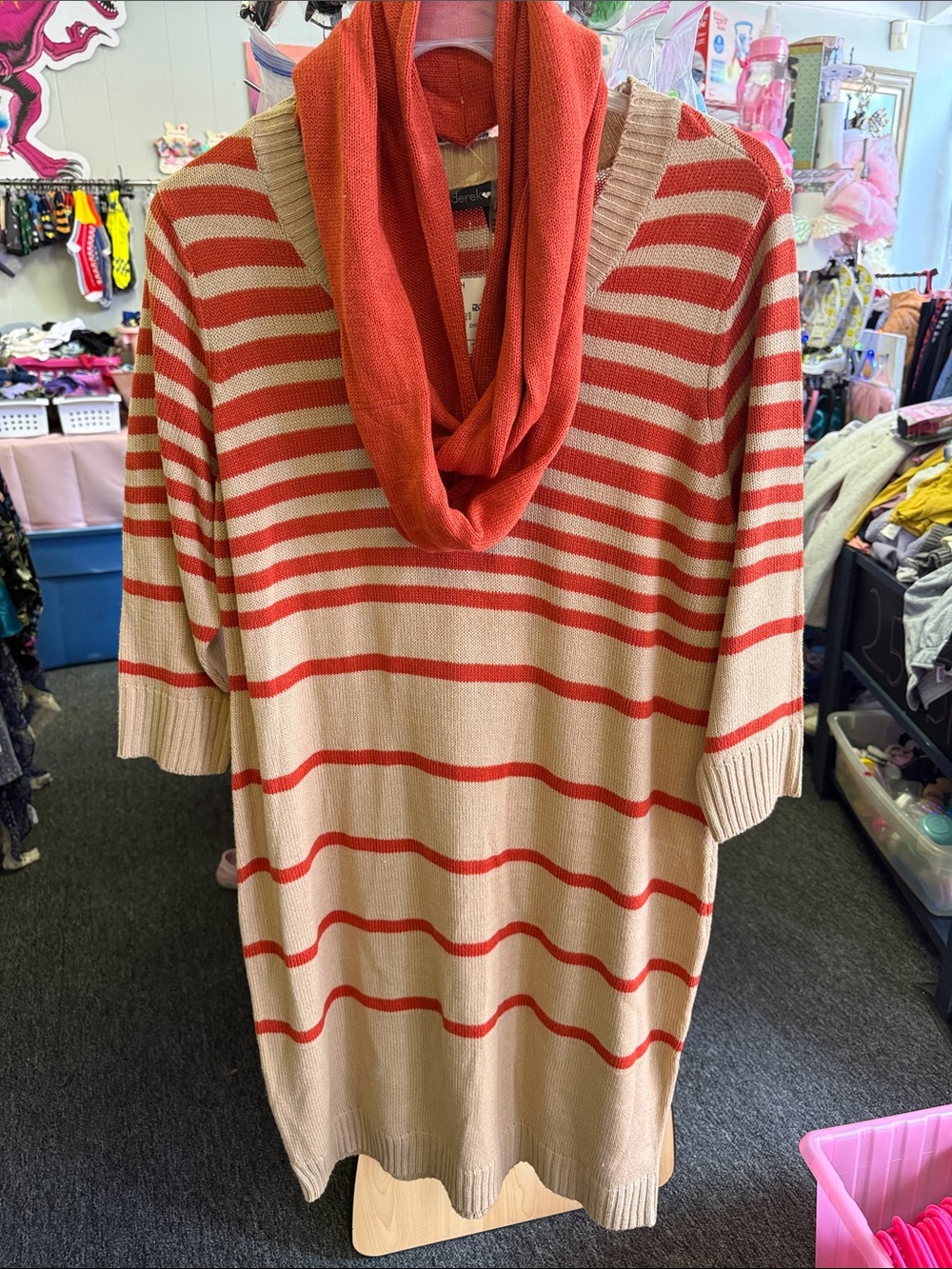 Striped Beige and Coral Cowl-Neck Sweater Dress